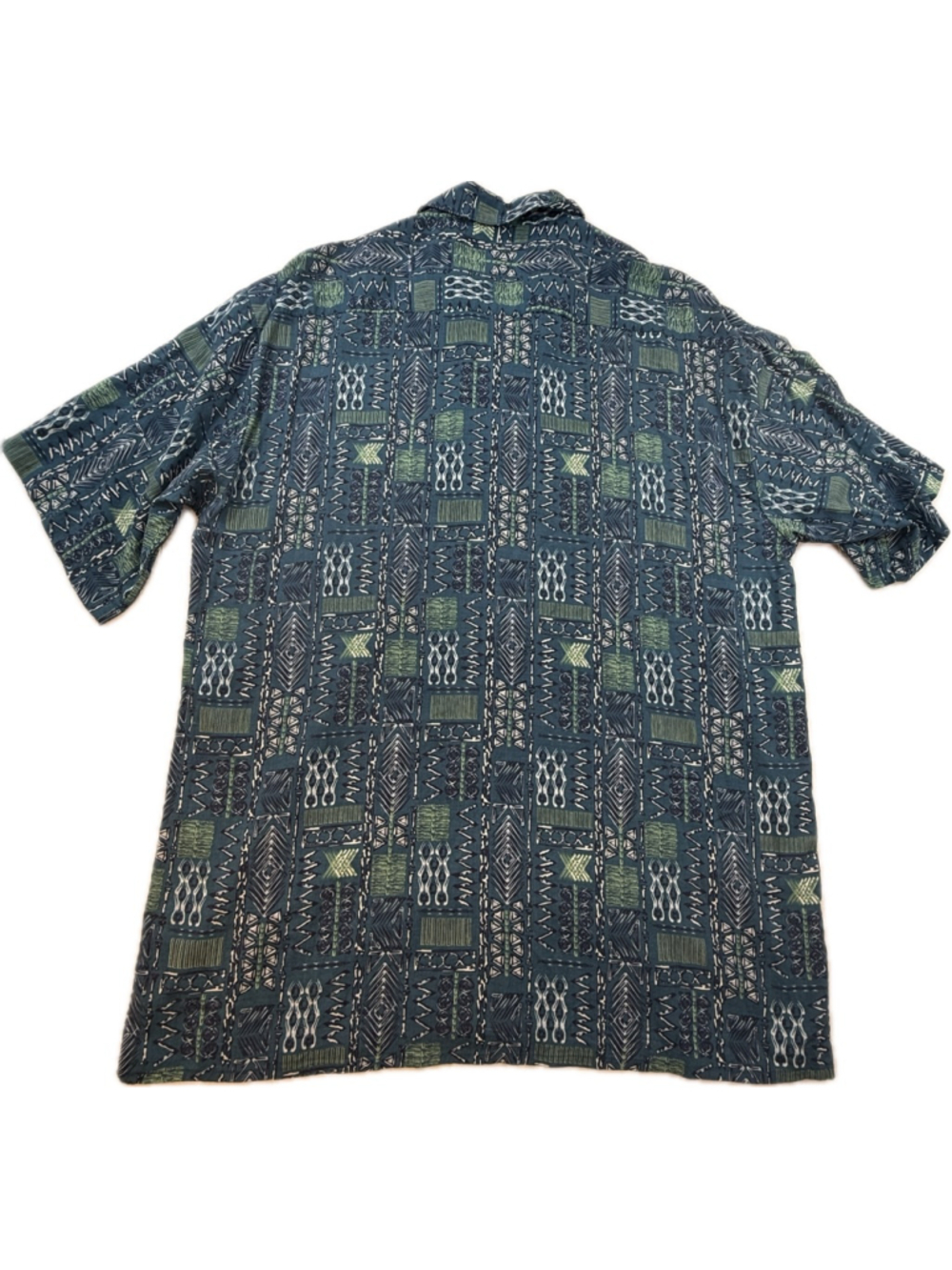 Morro Bay Rayon Hawaiian Shirt Men’s Medium Blue Tribal Geometric Camp Shirt - Picture 2 of 6